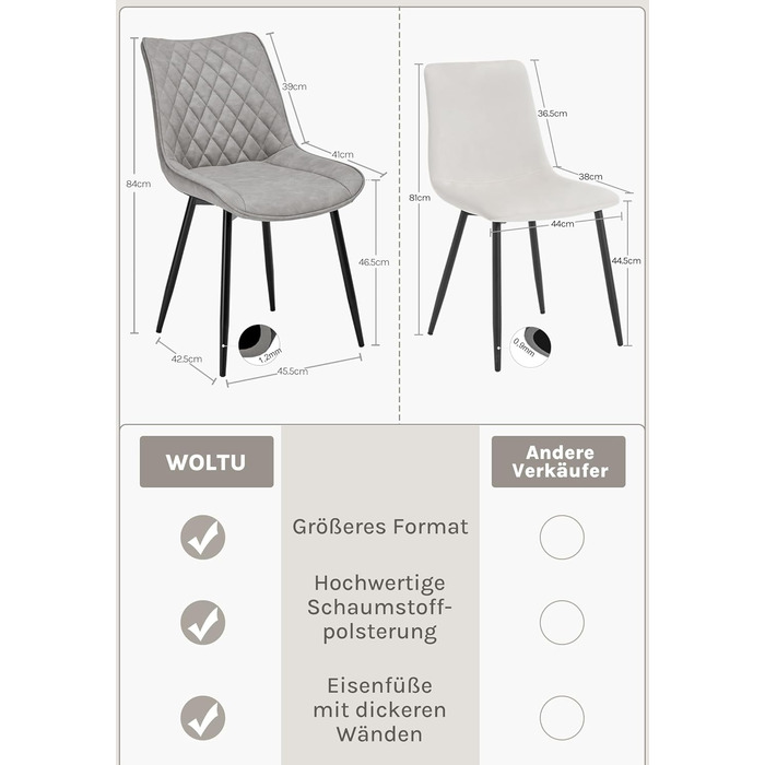 Обідні стільці WOLTU, Комплект з 2 шт. , Кухонні стільці, Стільці для вітальні, М&39які стільці зі спинкою, Для їдальні, Кухні, Вітальні, Офісу, Сидіння зі штучної шкіри, Металеві ніжки, Сірий BH210gr-2 Сіра штучна шкіра