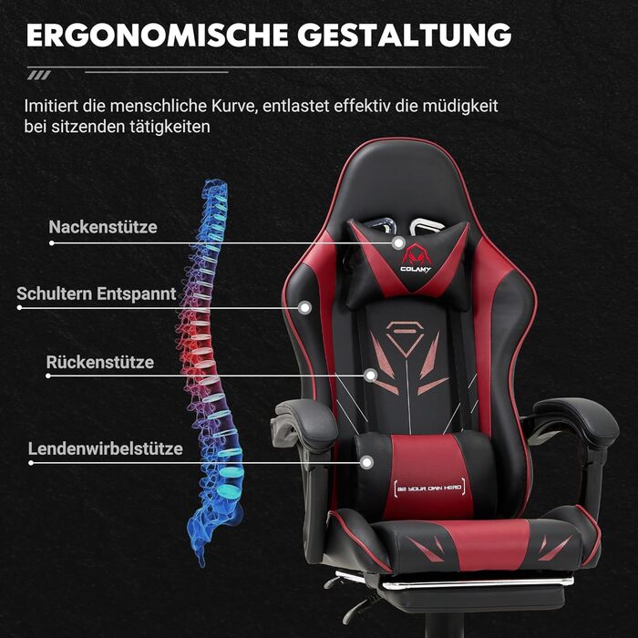 Ігрове крісло COLAMY, комп&39ютерне крісло з підставкою для ніг та поперековою опорою, регульоване по висоті ігрове крісло з поворотним на 360 сидінням та підголівником, крісло для відеогеймерів, ергономічна висока спинка, червоне сучасне