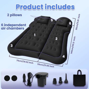 Портативний автомобільний матрац для позашляховиків, автомобільний надувний матрац з насосом та 2 подушками, флокований автомобільний надувний матрац для подорожей, кемпінгу, активного відпочинку в приміщенні та на свіжому повітрі, чорний
