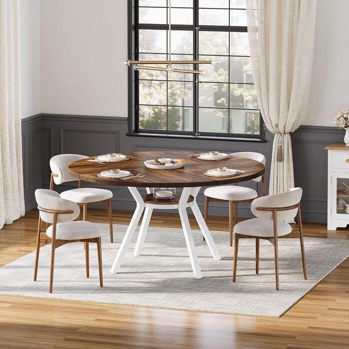 Круглий обідній стіл Tribesigns для 4 осіб, круглий обідній стіл 120 см з металевою основою, кухонний стіл з полицею для зберігання для дому, їдальні, вітальні, білий (коричневий)