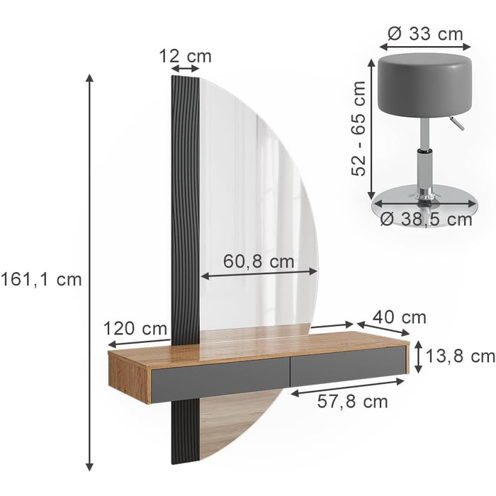 Туалетний столик Vicco Melisa, дуб/сірий, 120 см з підсвічуванням і табуретом Сірий зі світлодіодним дзеркалом і табуретом