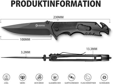 Кишеньковий ніж NedFoss FA48, 10-сантиметровий рятувальний ніж з різаком для ременя, склобій та відкривачка для пляшок, складаний