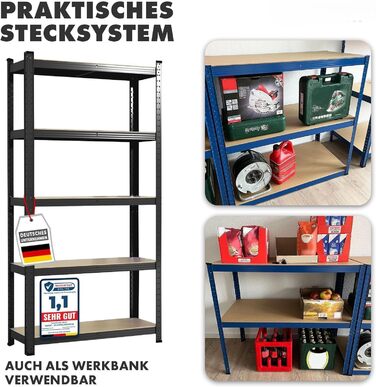 Міцний стелаж etm, упаковка з 2 шт., 200 x 100 x 50 см, чорний Безболтовий стелаж, стелаж для зберігання, окремостоячий стелаж, система складання без інструментів (Lakota, чорний) Чорний 200 x 100 x 50 см