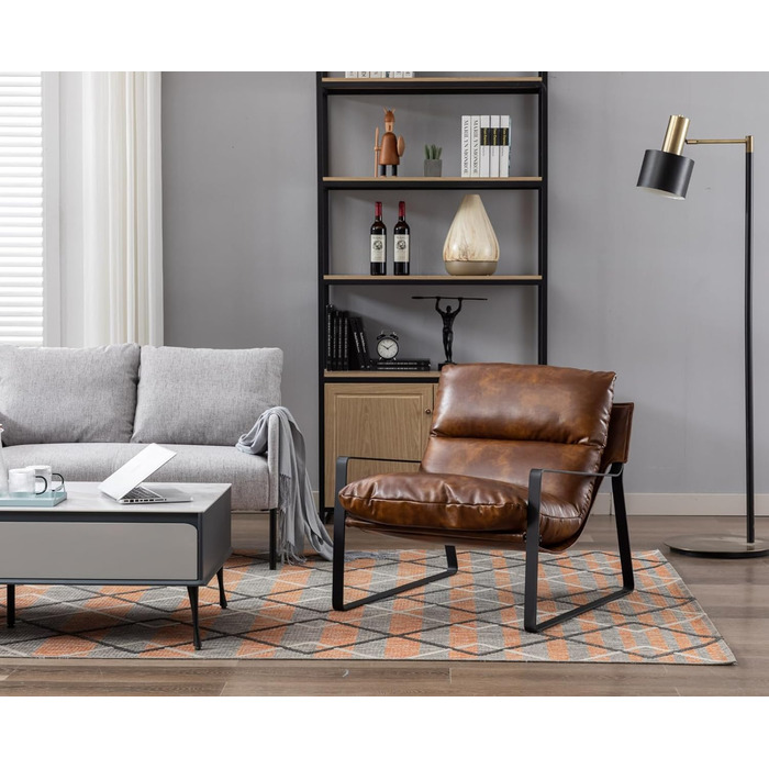 Крісло для вітальні, крісло для читання з підлокітниками, сучасне крісло для відпочинку з металевим каркасом, штучна шкіра, коричневий колір