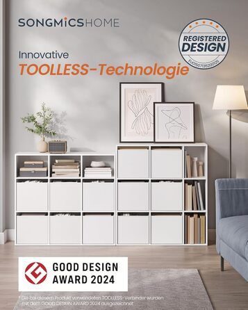 Книжкова полиця SONGMICS HOME, надшвидке складання без інструментів, технологія без інструментів, полиця з 9 відділеннями, окремостояча полиця, 6 шухляд з тканини, система полиць, 27 x 83 x 91,8 см, білосніжний колір LBC199W01, 9 рівнів (91,8 висоти см)