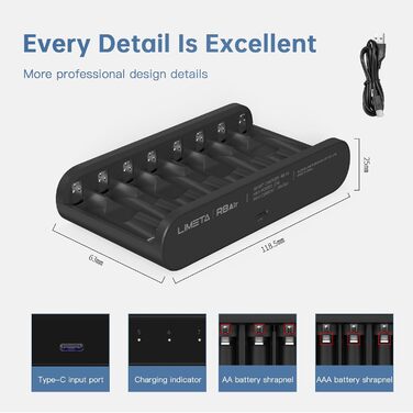 Зарядний пристрій LIMETA на 8 акумуляторів типу AA AAA Швидкісний зарядний пристрій макс. 27 Вт Побутовий зарядний пристрій для літій-іонних, нікель-метал-гідридних, нікель-кадмієвих, літій-полімерних та літій-полімерних акумуляторів