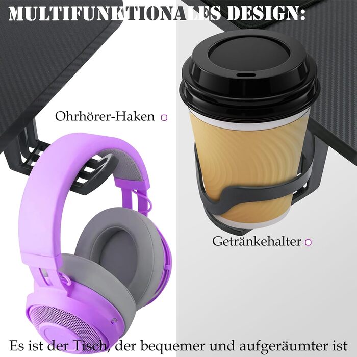 Ігровий стіл AufuN 140 x 60 см, Ігровий стіл зі світлодіодним підсвічуванням, гачком для навушників та тримачем для чашки, Міцний комп&39ютерний робочий стіл, Ігровий стіл для ПК (Тип B без світлодіодів) 140 x 60 см Тип B без світлодіодів