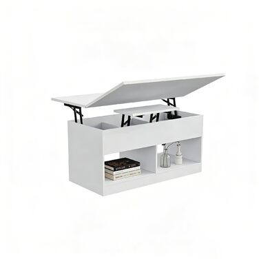 Журнальний столик, стіл для вітальні з регульованою висотою, журнальний столик з підйомною верхньою частиною, 2 відкритих відділення та приховане місце для зберігання, прямокутний бічний столик-диван, можна перетворити на обідній стіл, білий метал