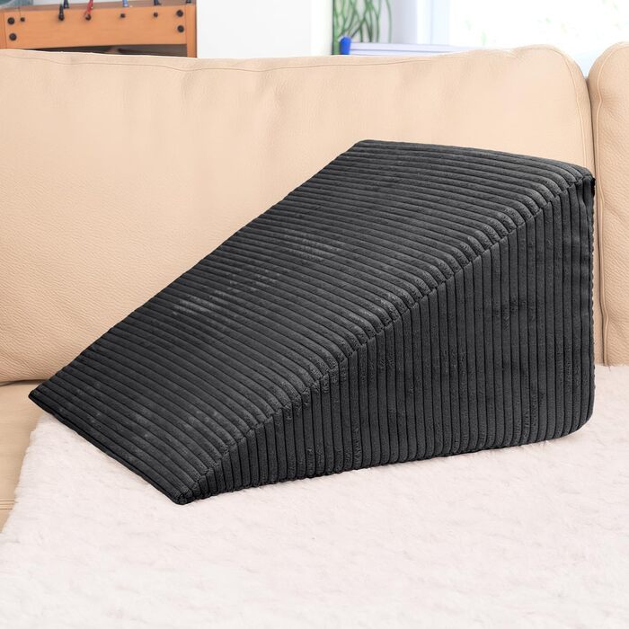 Широкополосна вельветова клиноподібна подушка Selfitex 60x50x30 см, Виготовлено в Німеччині, зручна подушка для читання, подушка для спини, ергономічна форма, подушка для ніг зі стійкої піни, знімний чохол, легке чищення (антрацит) Широкополосна вельветов