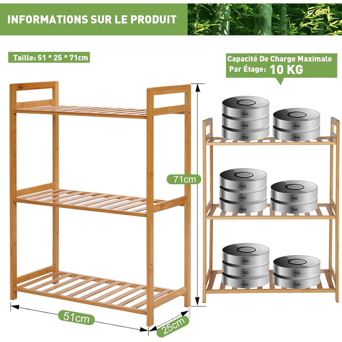 Полиця з 3 полицями, бамбукова полиця 51 x 25 x 71 см, полиця для зберігання з бамбука, як кухонна полиця, полиця для ванної кімнати, книжкова полиця, полиця для взуття, дерев&39яна полиця для ванної кімнати, кухні, вітальні, балкону