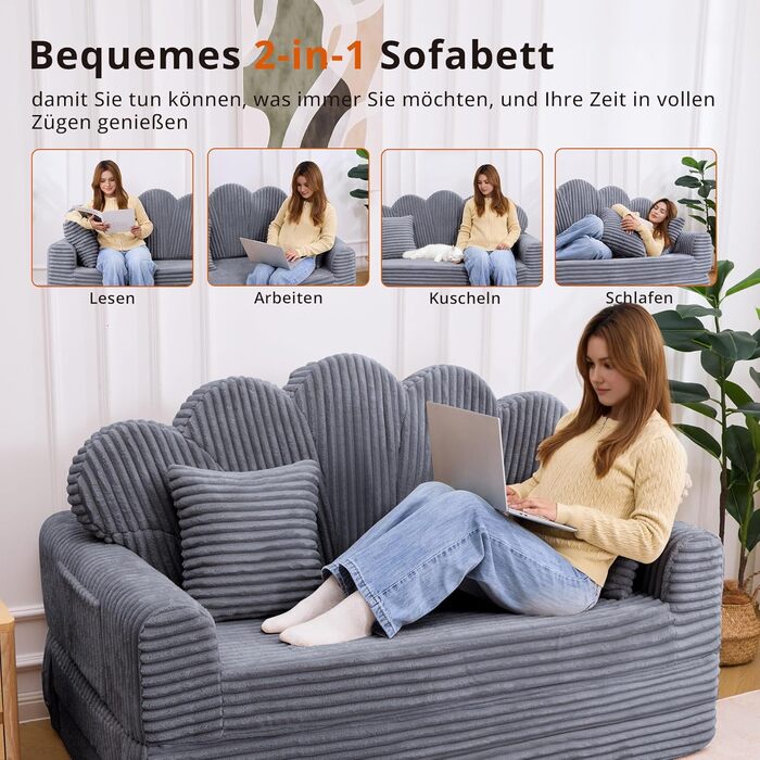 Місний розкладний диван IRONCK з функцією сну, диван-ліжко без кісток з вельвету та піни, диван-ліжко 153x267 см, розкладний диван-ліжко, 2 подушки та бічні кишені, диван-ліжко для вітальні-спальні, сірий темно-сірий, 2-