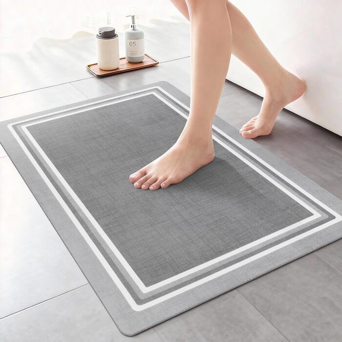 Нековзний килимок для ванної, швидковисихаючий килимок для ванної тонкий, абсорбуючий, нековзний, миючий килимок для ванної кімнати, для підлоги у ванній кімнаті, ванн та душових кабін на відкритому повітрі, світло-сірий, 60 x 40 см (прямокутний)