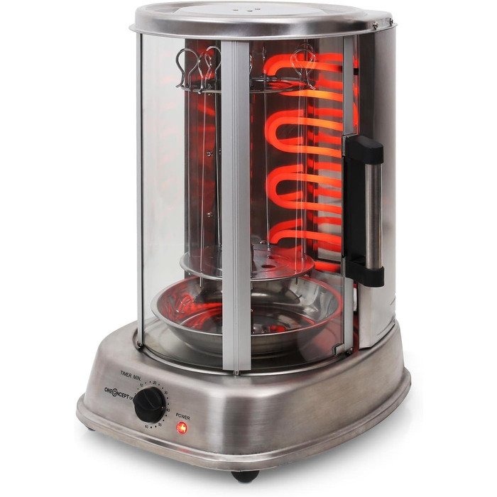 Гриль для шашлику oneConcept Kebap Master, Гіросгриль зі скляними розсувними дверима, закритий, шампур для шашлику, нержавіюча сталь, вертикальний гриль, розсувні двері, срібло