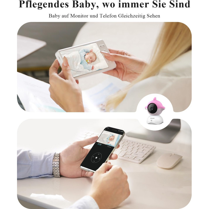 Радіоняня WUUK 2K з 2 камерами та додатком, 5,5-дюймовий дисплей із PTZ-монітором на 360, 10-кратне збільшення, стабільне зєднання