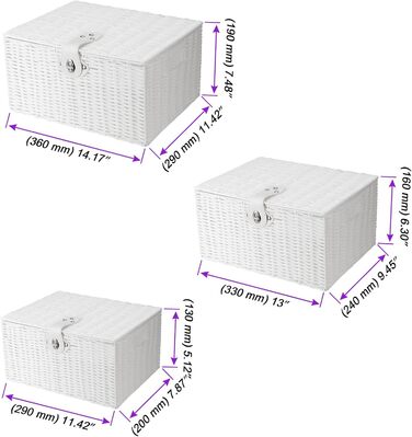 Набір із 3 білих плетених кошиків для зберігання з кришками та замками, плетені кошики для білизни з кришками, кошики з білої лози з лози з смоли для подарунків, одягу, маленькі/середні/великі