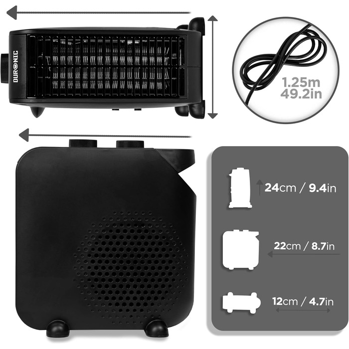 Тепловентилятор Duronic, електричний обігрівач потужністю 2000 Вт для підключення до розетки, невеликий міні-обігрівач для ніг, електричний радіатор з 2 швидкостями, функція охолодження (HV21)