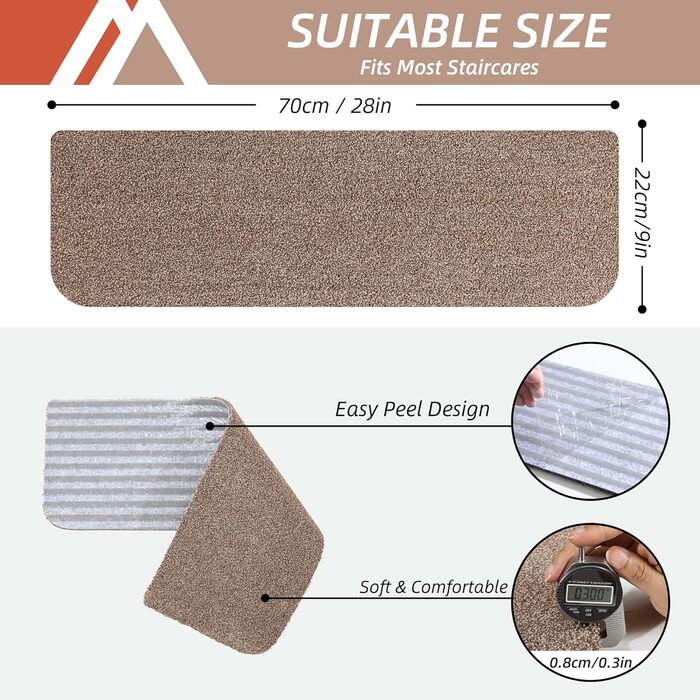 Килим COSY HOMEER, нековзний, 71,1 x 22,9 см, доріжка для дерев&39яних сходів, килимки для сходів для дітей та собак, основа 100 поліестер TPE, 15 шт. , бежевий, захищає підлогу 15 шт. бежевий