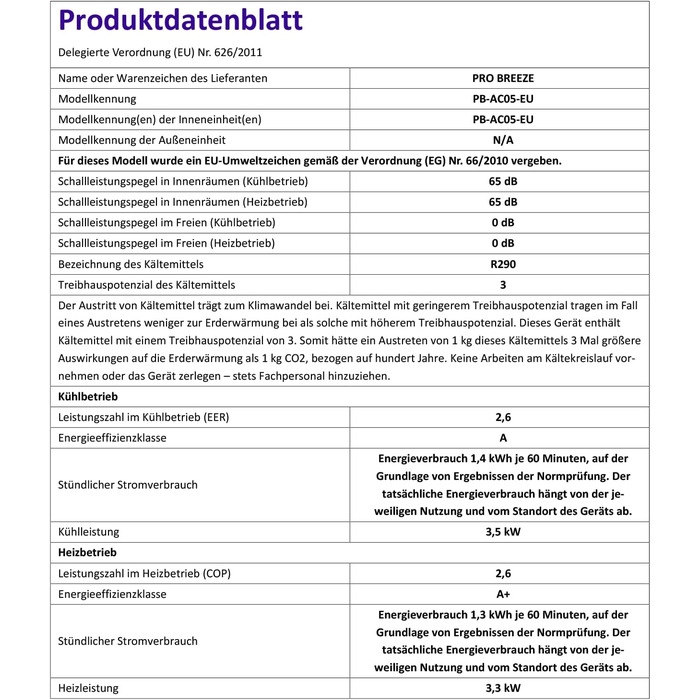 Мобільний кондиціонер Pro Breeze 4-в-1 12000 BTU (розмір кімнати 50) з додатком і Wi-Fi - Мобільний кондиціонер для опалення та охолодження, вентилятор, осушувач - клас енергоспоживання A, витяжний шланг, 24-годинний таймер