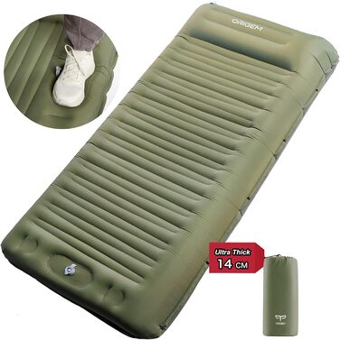 Килимок для кемпінгу Origem, надлегкий надувний килимок для сну 14 см, невеликий розмір упаковки, надувний матрац для ніг для використання на вулиці з ножним насосом, армійський зелений