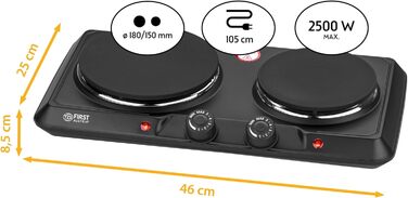 Подвійна конфорка TZS First Austria 2500 Вт Чавунні варильні поверхні 180/150 мм Ручне керування Металевий корпус мобільний для кемпінгу та подорожей Чорний