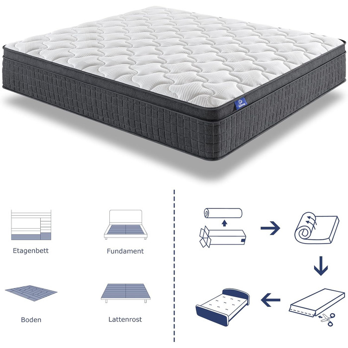 Матрац SuiLong Premium 140x200, висота 26 см, жорсткість H3, середньо-жорсткий, 7-зонний пружинний матрац із сертифікацією Oeko-Tex, ортопедичний пружинний матрац кишенькової форми з гелевим наповнювачем з ефектом пам&39яті, висота 26 см, 140 x 200 см