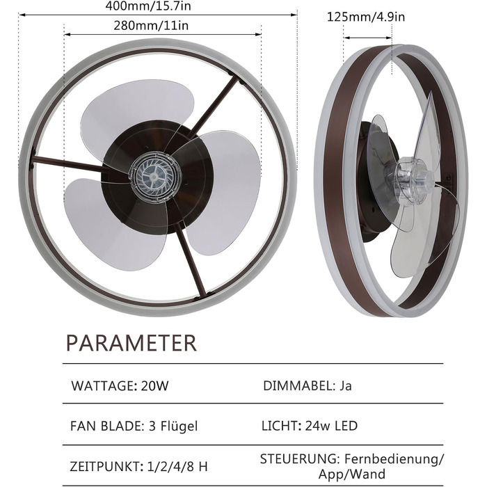 Дюймові акрилові низькопрофільні стельові вентилятори з підсвічуванням і дистанційним керуванням, сучасна світлодіодна люстра з можливістю затемнення та підсвічуванням із функцією памяті та синхронізації для спальні та вітальні (коричнева), 16-