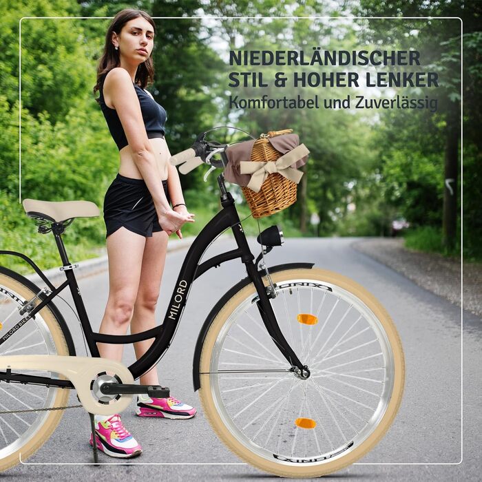 Жіночий міський велосипед MILORD Comfort з плетеним кошиком, вінтажний, голландський, 26, 28 дюймів, 7 швидкостей, чорно-кремовий, 28 дюймів
