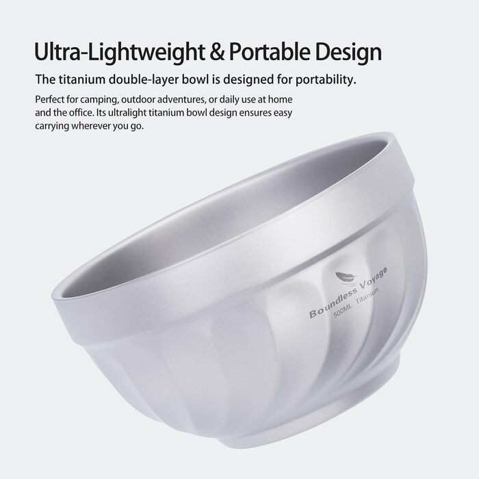 Двостінні титанові миски 500 мл вівсянка, рис, суп, миска, надлегка портативна посуд для кемпінгу на свіжому повітрі (титановий колір) Ti1168T 500 мл Ti1168t