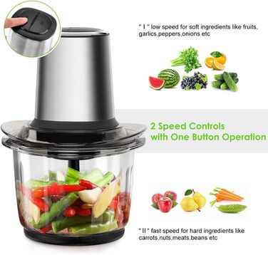 Електричний подрібнювач Multi-Chopper універсальний з чашею з нержавіючої сталі 1,5 л, 2 рівні швидкості Функція гальмування для м'яса, фруктів, овочів та дитячого харчування, срібло
