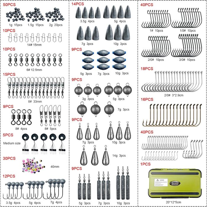 Набір рибальських гачків із 306 предметів, рибальські снасті, набір рибальських вантажів із грузилами, гумові поплавці, рибальські гачки, джиги, рибальські намистини, вертлюги, карабіни, набір рибальського спорядження з коробкою снастей