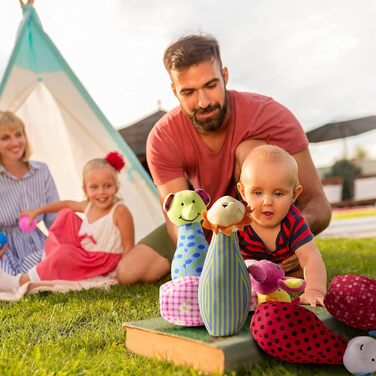 Набір для боулінгу THE TWIDDLERS з 6 плюшевих іграшок та 1 м&39яча з брязкальцем, набір для боулінгу для немовлят та малюків - м&39який та миється - подарунковий набір на дні народження та Різдво