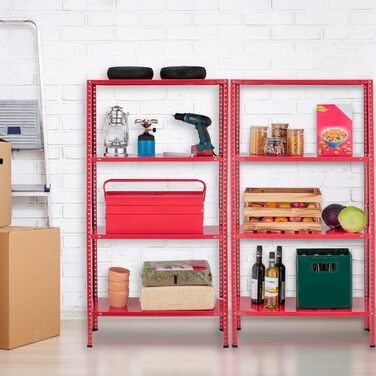 Потужний стелаж Relaxdays, комплект з 2 шт., вантажопідйомність 160 кг, 4 полиці, висота та ширина 147,5x75,5x30,5 см, для підвалу та гаража, металевий стелаж, червоний