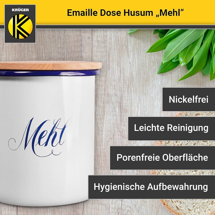 Емальована бляшанка KRGER Husum Flour 1,6 літра - Коробка для зберігання, стійка до порізів та подряпин, з кришкою - Силіконове ущільнювальне кільце для герметичного закриття - Можна мити в посудомийній машині &quotFlour&quot - 1,6 літра