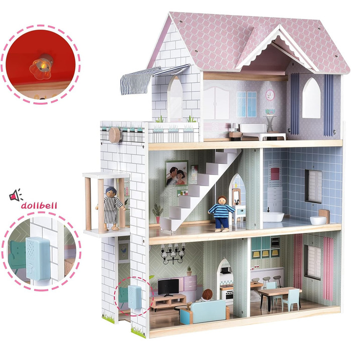 Дерев&39яний ляльковий будиночок "Гігантська квасоля", висотою 80 см, з ліфтом, дверним дзвінком, освітленням, 15 предметами меблів та 3 ляльками, іграшка-подарунок для дівчаток віком від 3 років