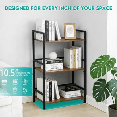 Полиця, Мала книжкова полиця, 3-рівнева стійка для зберігання, Книжкова полиця, Стелаж для вітальні, спальні, офісу, ванної кімнати, кухні, 42 x 28 x 70 см, Рустикальний коричневий 3 полиці