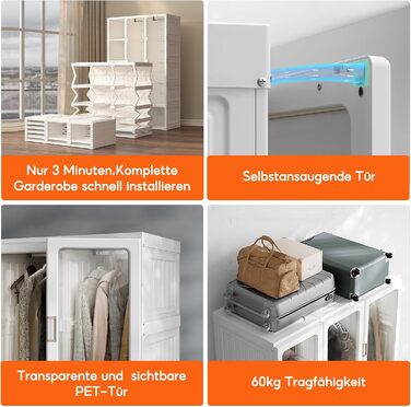 Складана шафа, 104x170x50 см, швидке складання, універсальна шафа з рейкою для одягу та магнітними дверцятами, ідеально підходить для спальні та вітальні, коричнева прозора панель дверей 104x50x170 см