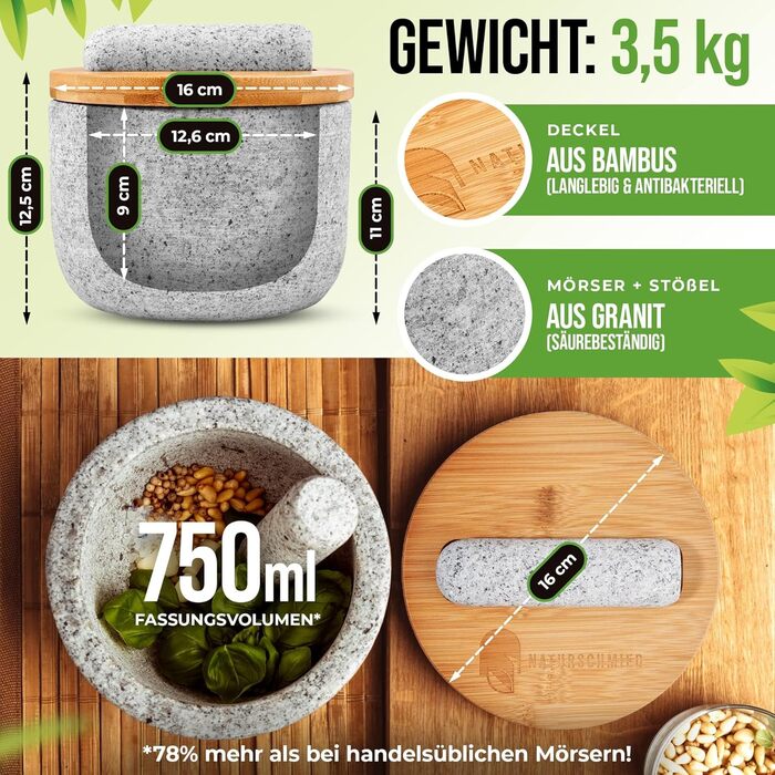 Ступка з пестком і кришкою - Герметичне закриття 2.0 накладка SolidStand 750 мл - Гранітна ступка преміум-класу світло-сірого коль