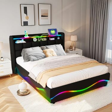 Ліжко-міні-гарнітур 140x200 см із зарядною станцією USB/Type-C, різнокольоровим світлодіодним підсвічуванням, полицею біля узголів&39я та великим місцем для зберігання під ліжком, шкіряне, чорне. Ліжко 140 x 200 см Ebd854-bk