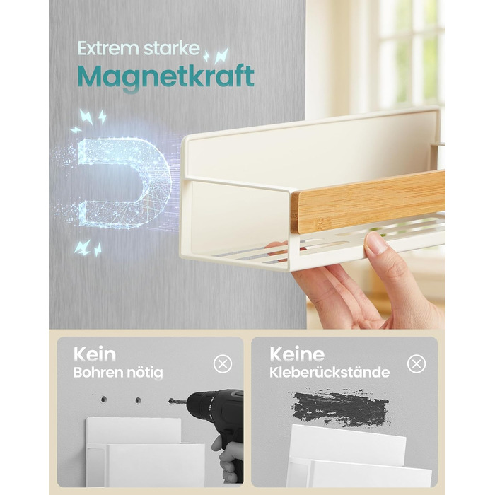 Магнітна полиця для спецій SONGMICS, набір з 4 шт. , 2 великі та 2 малі полиці, органайзер для спецій без свердління, магнітна полиця, для кухні, холодильника, мікрохвильової печі, пральної машини, кремово-білий-натуральний бежевий KCS062WD01 Кремово-біли