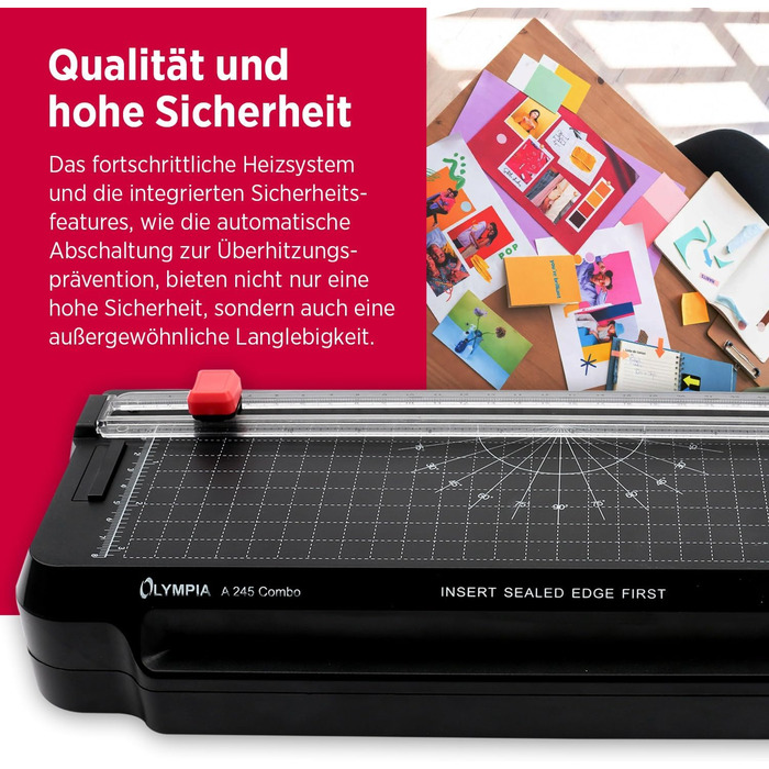 Ламінатор Olympia A 245 Combo 4-в-1 Гарячий та холодний ламінатор Комплект для ламінування документів A4 Вбудована лінійка для різання Комплект ламінуючих пакетів та закруглювач кутів Швидкий час нагрівання Розмір документа A4