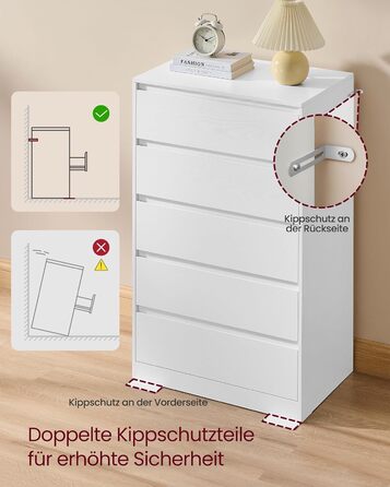 Комод VASAGLE з 5 шухлядами, комод, шафа з шухлядами, комод для білизни, для спальні, 40 x 60 x 97,4 см, колекція Modern Kailyn, білий LTS605WE01, 5 шухляд (60Ш см)