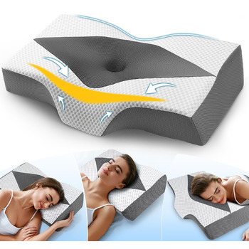 Подушка з піни з ефектом пам&39яті для болю в шиї та плечах, ортопедична подушка для підтримки шиї для сну, регульована ергономічна подушка для сну на боці, спині та животі - порожниста конструкція, сірий та білий