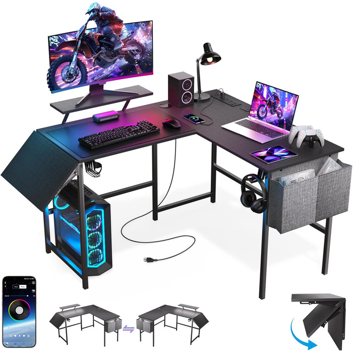 Ігровий стіл із розумним світлодіодним освітленням, L-подібний стіл із подовжувачем для домашнього офісу, кутовий стіл 120-150 см з розеткою, сумка для зберігання, підставка для монітора, чорний