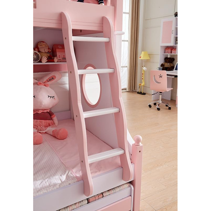 Дитяче двоярусне ліжко JooTech ліжко-горище дитяче ліжко функціональне ліжко зі сходами з полицею з ящиками 3 спальних місця рожев