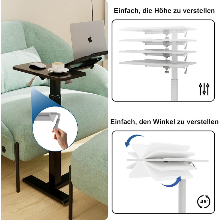 Стіл для ноутбука PUNCIA з регульованою висотою 70-100 см, обертова підставка для ноутбука з колесами, мобільний стоячий стіл над ліжком, ергономічний стіл для сидячого та стоячого використання, візок для презентацій, для ліжка, дивана, офісу, чорного кол