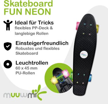 Скейтборд Muuwmi Lights Fun Glow — дека 57×15 см, колеса PU 60×45 мм, підшипники ABEC 5