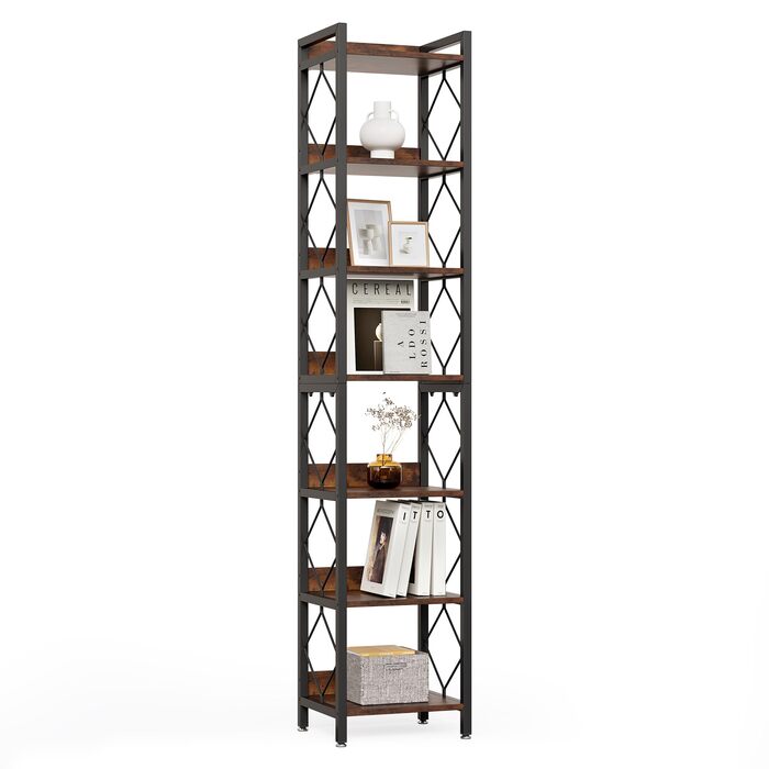 Ярусна книжкова полиця LITTLE TREE, полиця на одному місці, окремостояча полиця, вітальня, спальня, кабінет, 35 x 35 x 200 см, промисловий дизайн, вінтажний коричнево-чорний, 7-