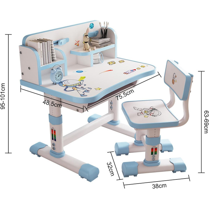 Функціональний комплект столу та стільця для дітей, дитячий стіл зі стільцем, дитячий стіл з регульованою висотою та шухлядою для зберігання речей, синій