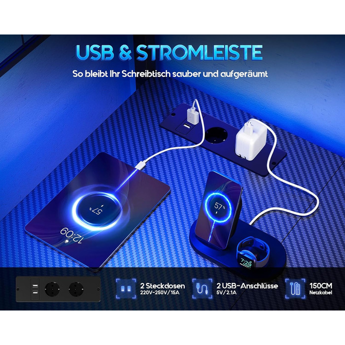 Ігровий стіл Coleshome зі світлодіодним підсвічуванням, 130 x 100 см, двосторонній ігровий стіл з шухлядами та розетками, кутовий стіл з відділенням для зберігання та полицями, чорний колір з вуглецевого волокна 130 x 100 см, чорний колір з вуглецевого во