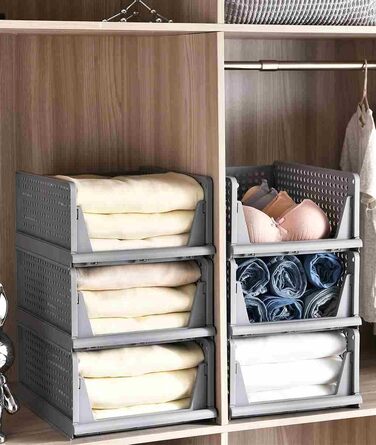 Набір ящиків із 4 предметів, гардеробний органайзер, штабелювана шафа, полиця для зберігання, пластиковий роздільник, штабелювані ящики для одягу, кухня, спальня, сірий